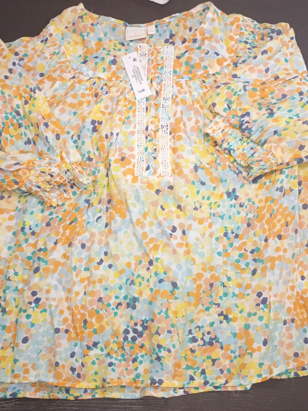 Sharagano White Blouse with Yellow, Teal & Blue Dot Print. MEW Women's 3X
